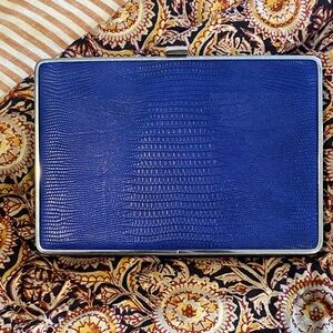 Carmen Marc Valvo Blue silver Textured Clutch faux leather reptile embossed